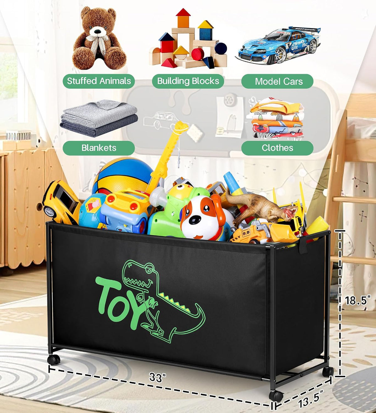 Large Toy Box with Wheels Big Toy Chest for Kids Organizer Toy Storage Bin, 124L, Black