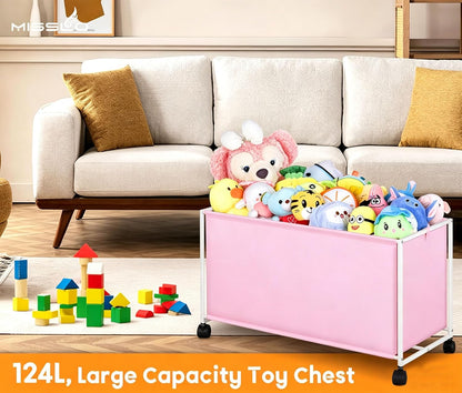 Large Toy Box with Wheels Big Toy Chest for Kids Organizer Toy Storage Bin, 124L, Black