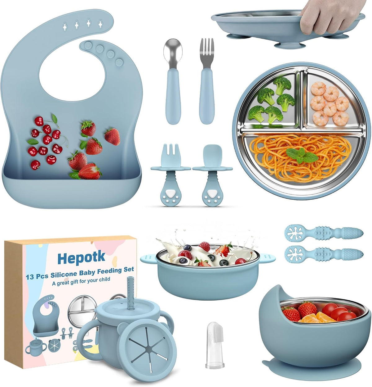 13PCS Baby Feeding Set, Removable Stainless & Silicone, Odor-Free