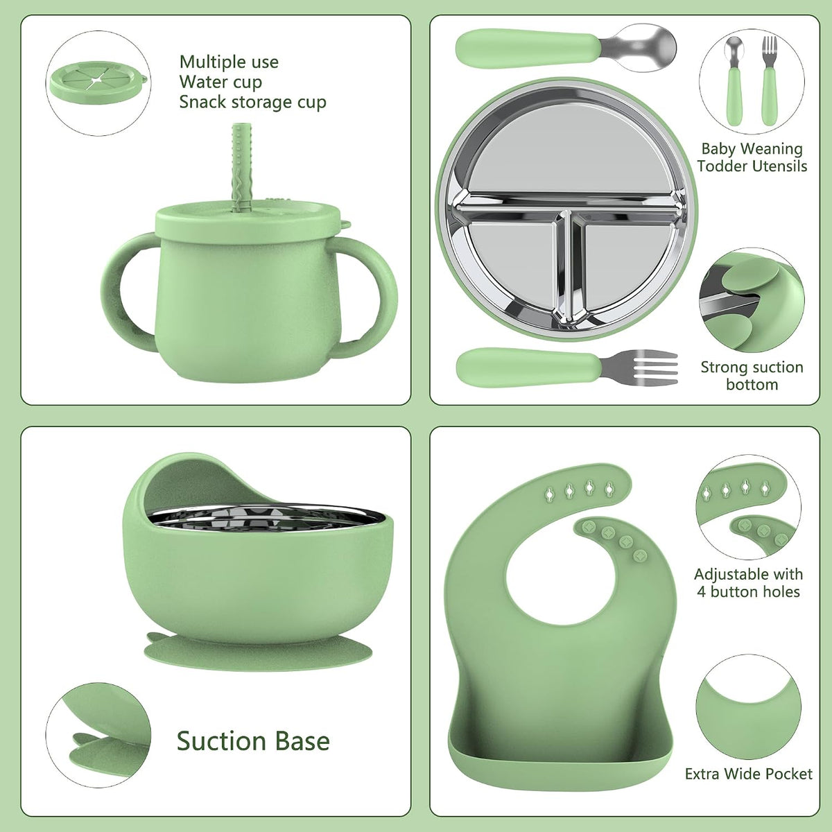 13PCS Baby Feeding Set, Removable Stainless & Silicone, Odor-Free