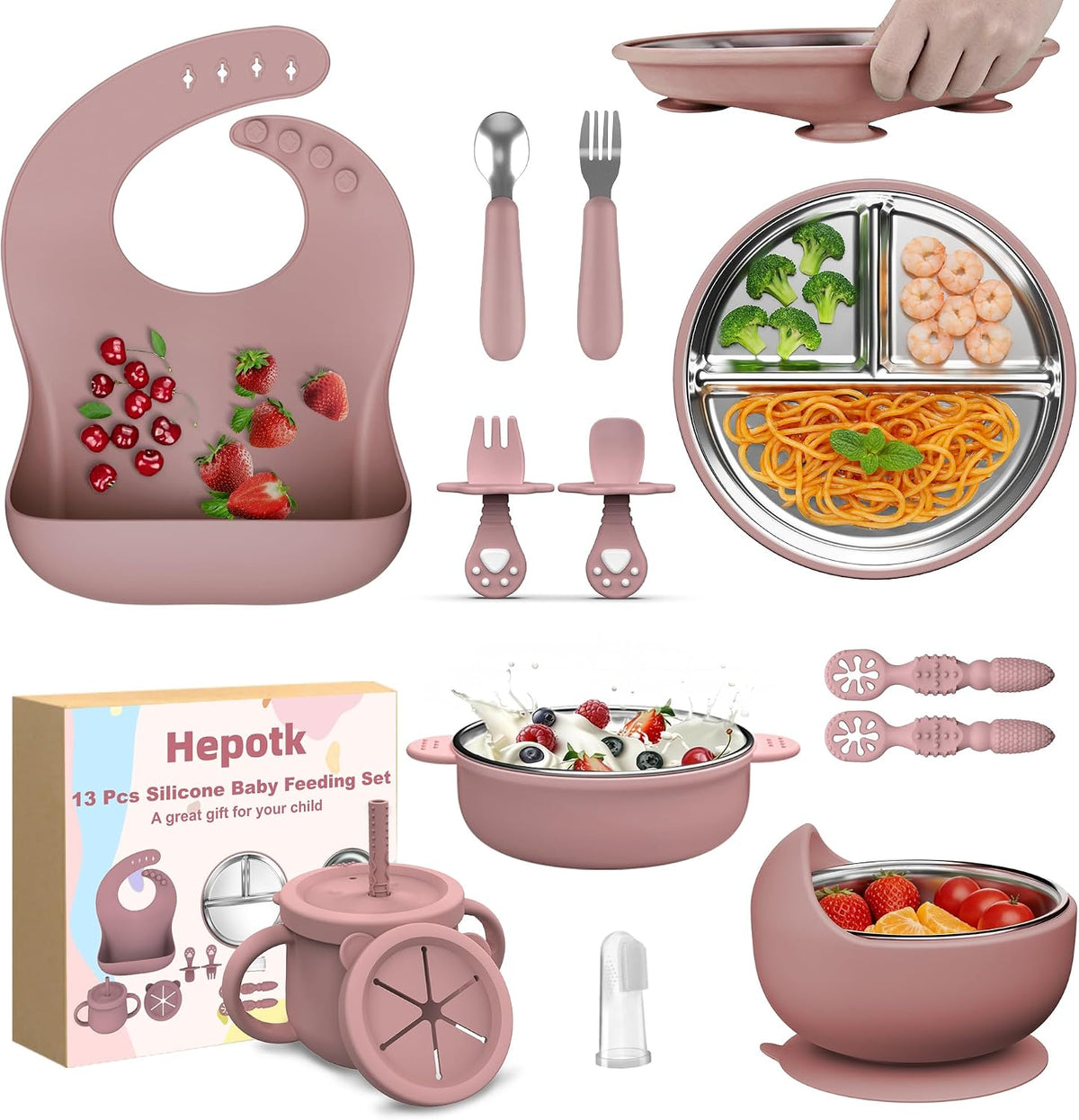 13PCS Baby Feeding Set, Removable Stainless & Silicone, Odor-Free