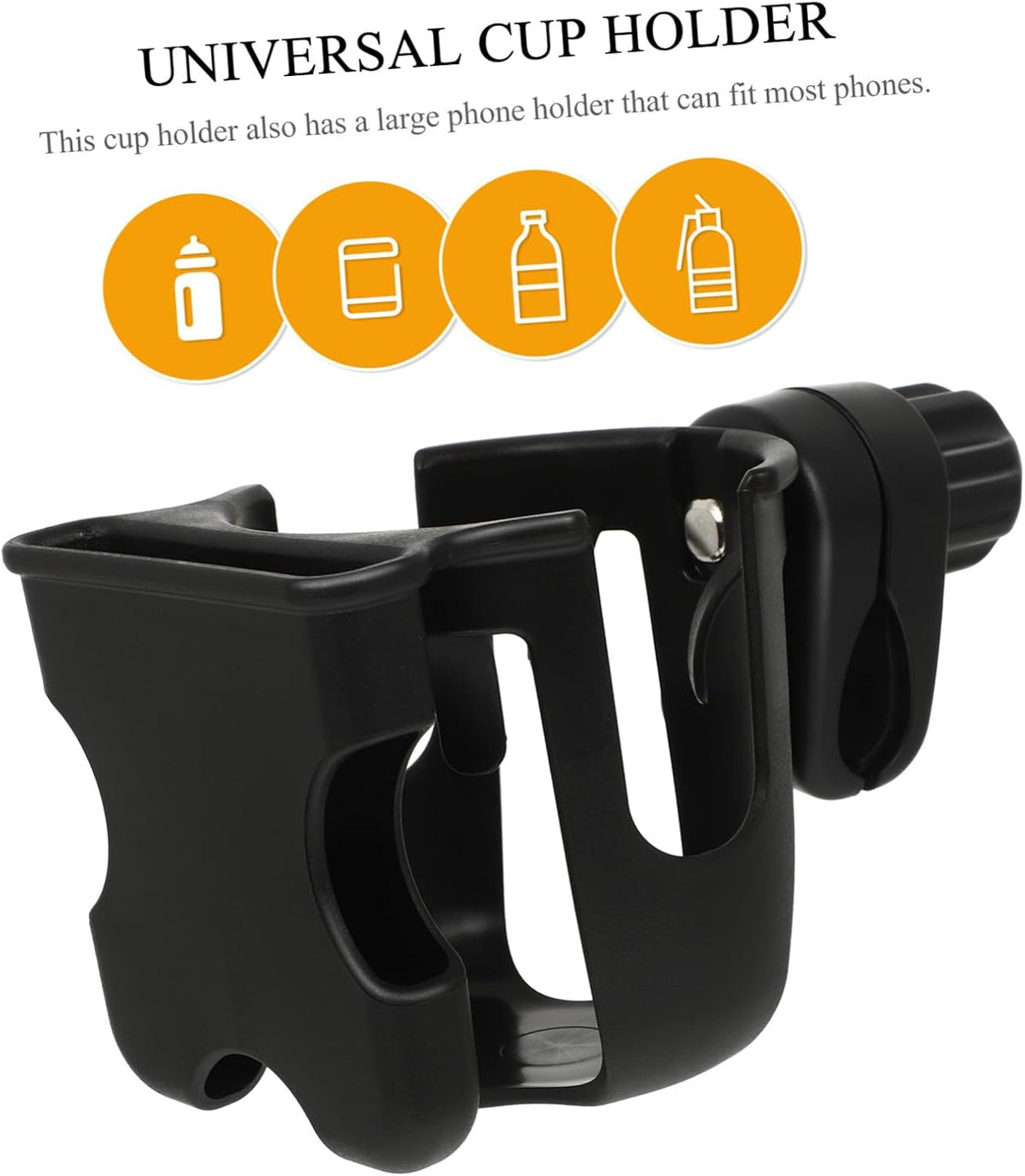 Stroller Bottle and Phone Holder Cup Drink Holder for Pushchair Pram Bike Handlebar Easy Installation Lightweight Black Storage Rack for Outings
