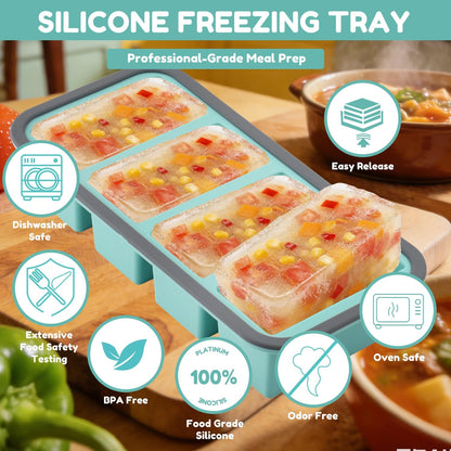 Silicone Freezer Trays with Lids 2 Pack, Stackable Soup Freezer Container Molds with Steel Reinforced Rim, Large Silicone Trays for Freezing Broth, Sauce, and Meal Prep, Oven Safe, Grey, 1 Cup