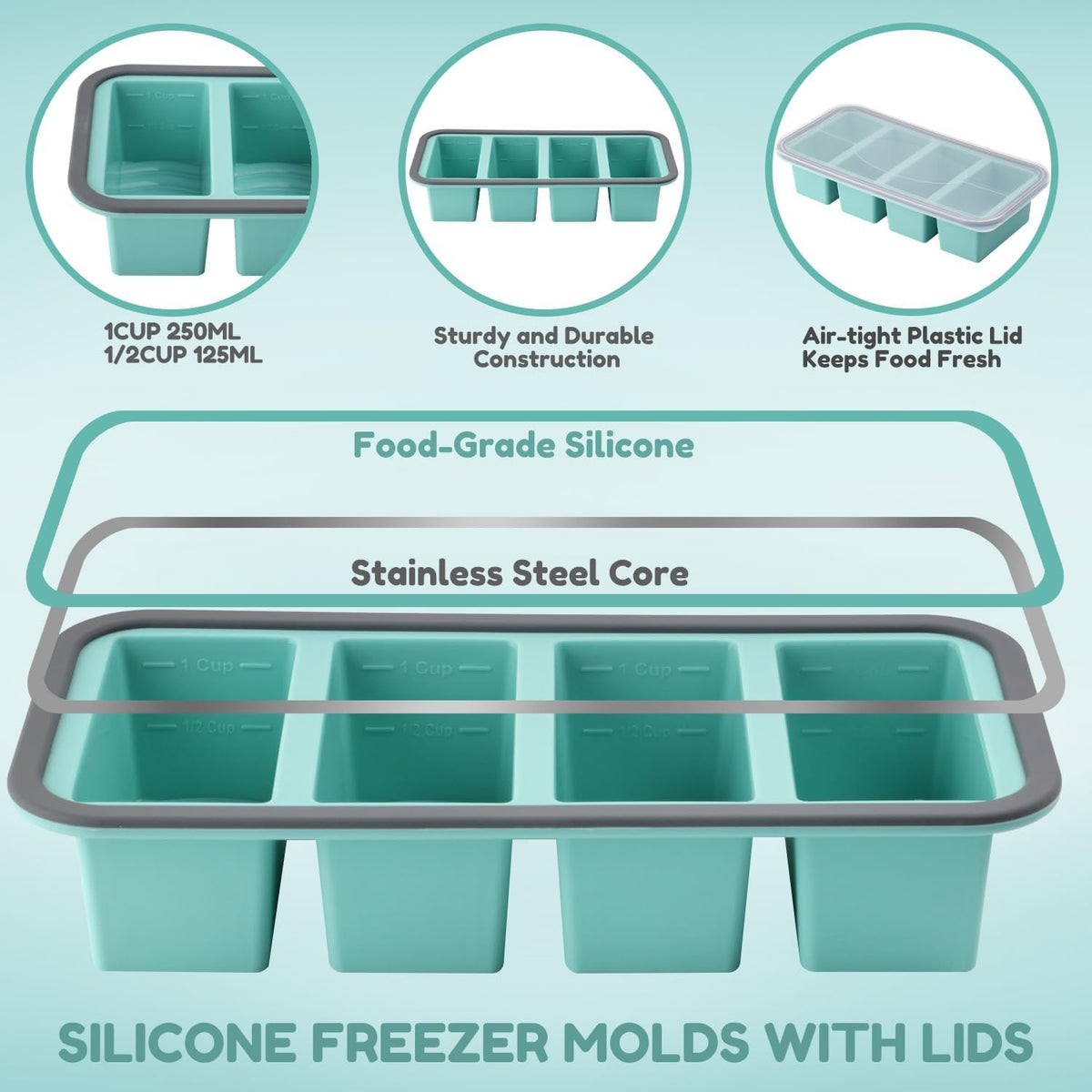Silicone Freezer Trays with Lids 2 Pack, Stackable Soup Freezer Container Molds with Steel Reinforced Rim, Large Silicone Trays for Freezing Broth, Sauce, and Meal Prep, Oven Safe, Grey, 1 Cup