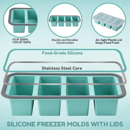 Silicone Freezer Trays with Lids 2 Pack, Stackable Soup Freezer Container Molds with Steel Reinforced Rim, Large Silicone Trays for Freezing Broth, Sauce, and Meal Prep, Oven Safe, Grey, 1 Cup