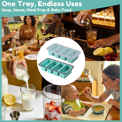 Silicone Freezer Trays with Lids 2 Pack, Stackable Soup Freezer Container Molds with Steel Reinforced Rim, Large Silicone Trays for Freezing Broth, Sauce, and Meal Prep, Oven Safe, Grey, 1 Cup