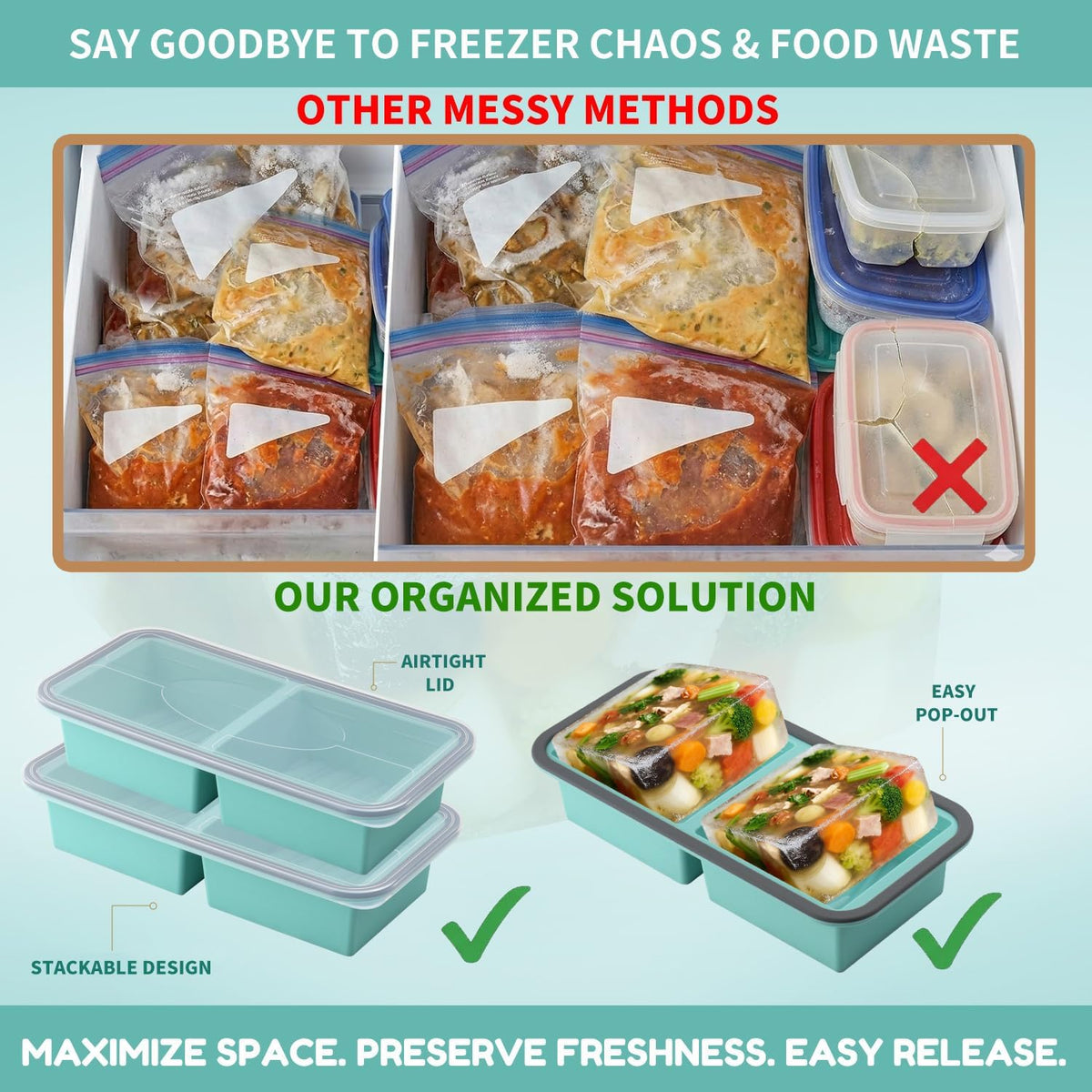 Silicone Freezer Trays with Lids 2 Pack, Stackable Soup Freezer Container Molds with Steel Reinforced Rim, Large Silicone Trays for Freezing Broth, Sauce, and Meal Prep, Oven Safe, Grey, 1 Cup
