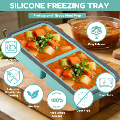 Silicone Freezer Trays with Lids 2 Pack, Stackable Soup Freezer Container Molds with Steel Reinforced Rim, Large Silicone Trays for Freezing Broth, Sauce, and Meal Prep, Oven Safe, Grey, 1 Cup