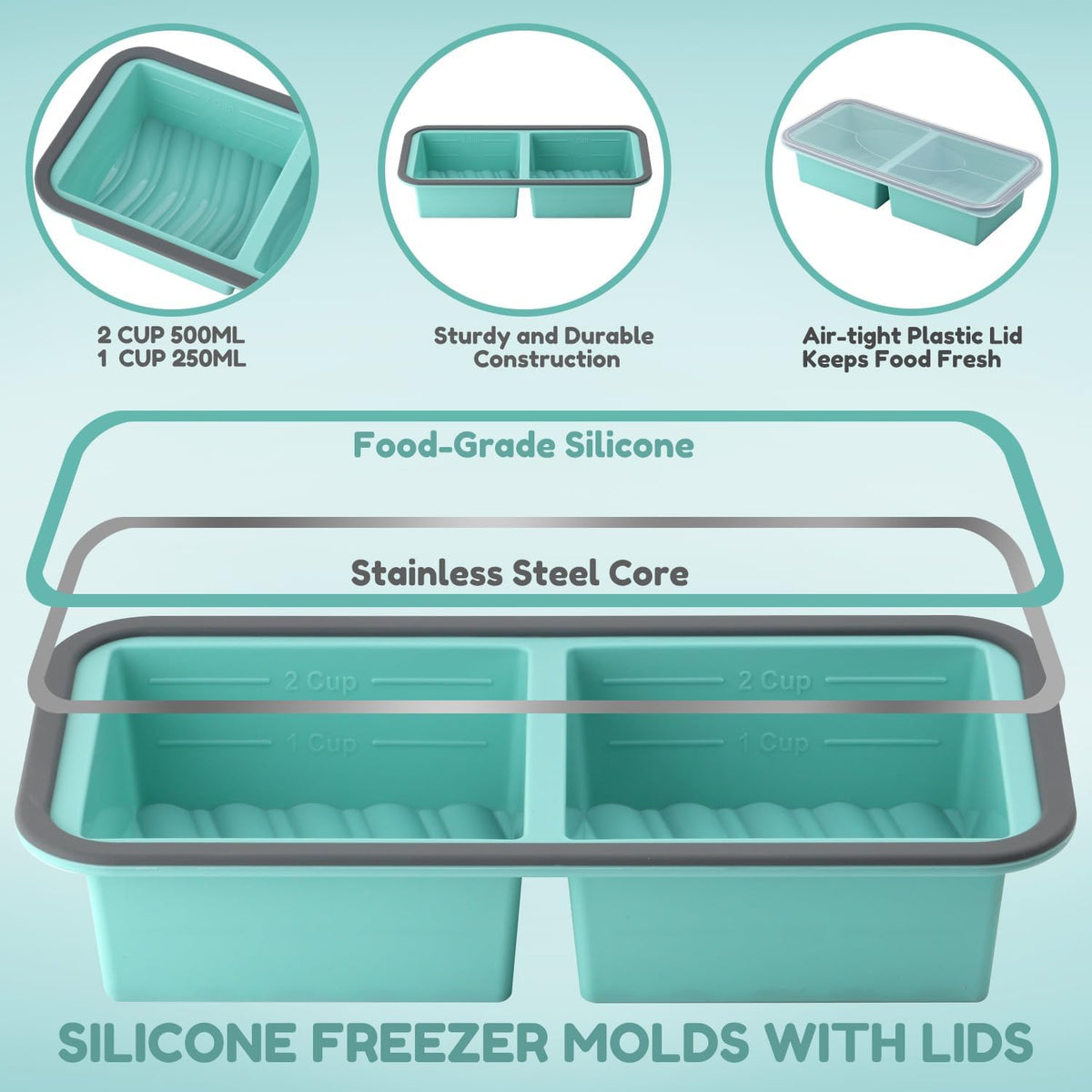 Silicone Freezer Trays with Lids 2 Pack, Stackable Soup Freezer Container Molds with Steel Reinforced Rim, Large Silicone Trays for Freezing Broth, Sauce, and Meal Prep, Oven Safe, Grey, 1 Cup