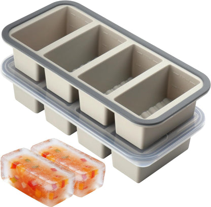 Silicone Freezer Trays with Lids 2 Pack, Stackable Soup Freezer Container Molds with Steel Reinforced Rim, Large Silicone Trays for Freezing Broth, Sauce, and Meal Prep, Oven Safe, Grey, 1 Cup