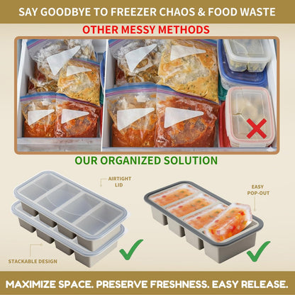 Silicone Freezer Trays with Lids 2 Pack, Stackable Soup Freezer Container Molds with Steel Reinforced Rim, Large Silicone Trays for Freezing Broth, Sauce, and Meal Prep, Oven Safe, Grey, 1 Cup