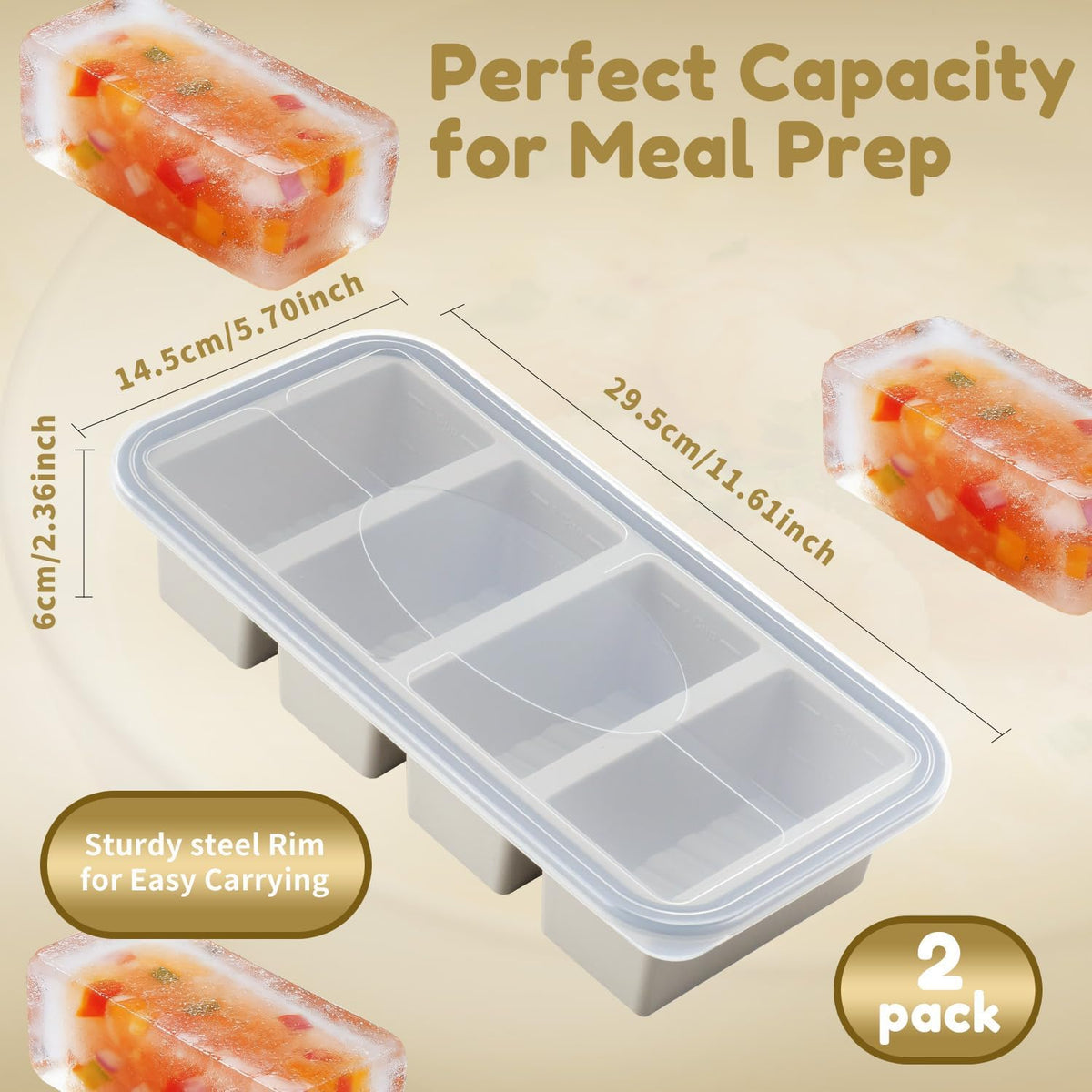 Silicone Freezer Trays with Lids 2 Pack, Stackable Soup Freezer Container Molds with Steel Reinforced Rim, Large Silicone Trays for Freezing Broth, Sauce, and Meal Prep, Oven Safe, Grey, 1 Cup