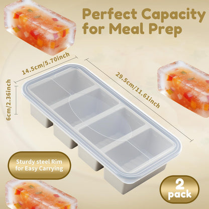 Silicone Freezer Trays with Lids 2 Pack, Stackable Soup Freezer Container Molds with Steel Reinforced Rim, Large Silicone Trays for Freezing Broth, Sauce, and Meal Prep, Oven Safe, Grey, 1 Cup