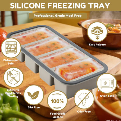 Silicone Freezer Trays with Lids 2 Pack, Stackable Soup Freezer Container Molds with Steel Reinforced Rim, Large Silicone Trays for Freezing Broth, Sauce, and Meal Prep, Oven Safe, Grey, 1 Cup