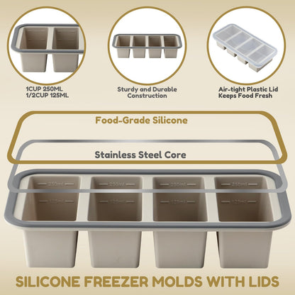 Silicone Freezer Trays with Lids 2 Pack, Stackable Soup Freezer Container Molds with Steel Reinforced Rim, Large Silicone Trays for Freezing Broth, Sauce, and Meal Prep, Oven Safe, Grey, 1 Cup