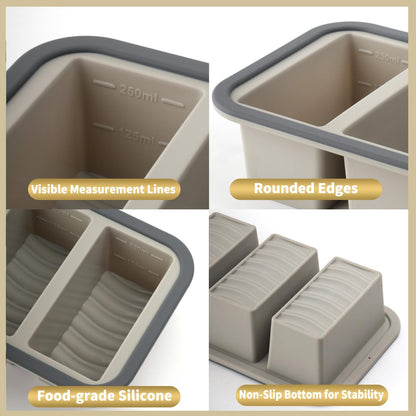 Silicone Freezer Trays with Lids 2 Pack, Stackable Soup Freezer Container Molds with Steel Reinforced Rim, Large Silicone Trays for Freezing Broth, Sauce, and Meal Prep, Oven Safe, Grey, 1 Cup