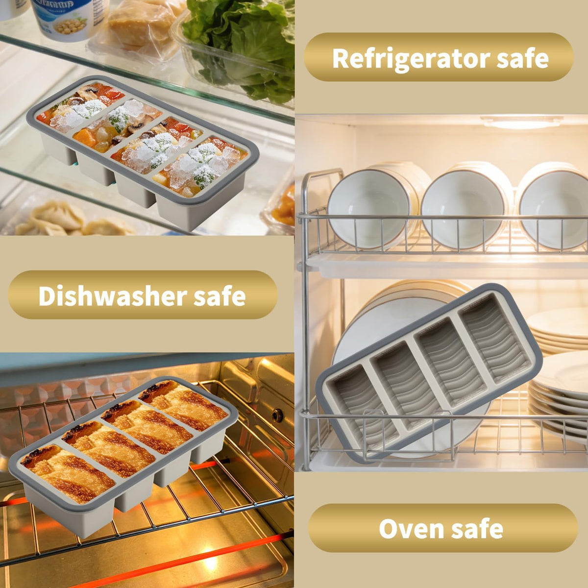Silicone Freezer Trays with Lids 2 Pack, Stackable Soup Freezer Container Molds with Steel Reinforced Rim, Large Silicone Trays for Freezing Broth, Sauce, and Meal Prep, Oven Safe, Grey, 1 Cup