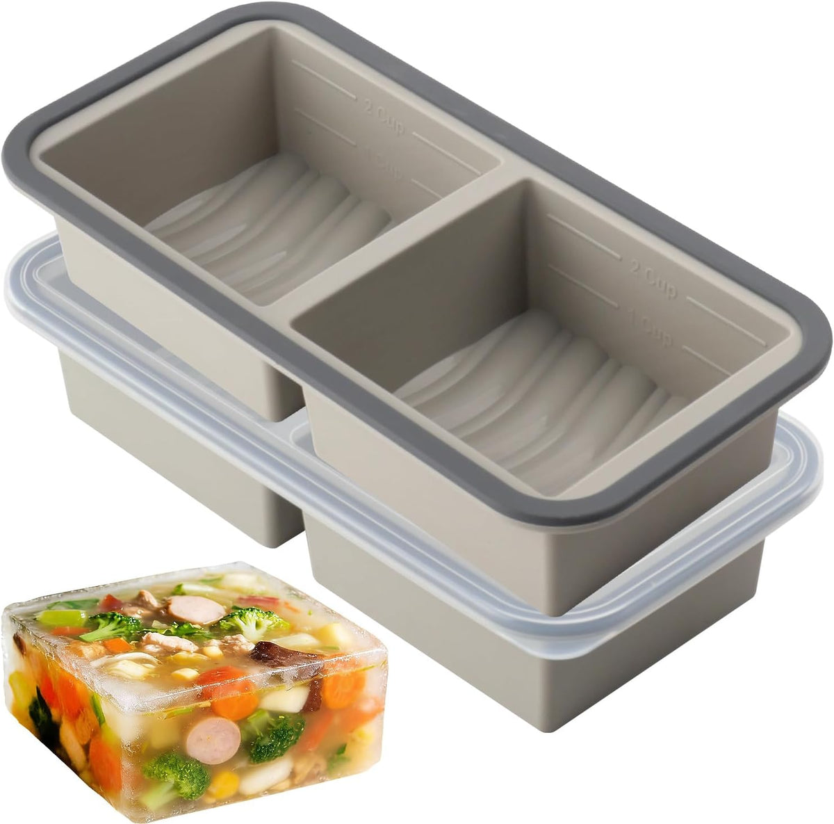Silicone Freezer Trays with Lids 2 Pack, Stackable Soup Freezer Container Molds with Steel Reinforced Rim, Large Silicone Trays for Freezing Broth, Sauce, and Meal Prep, Oven Safe, Grey, 1 Cup