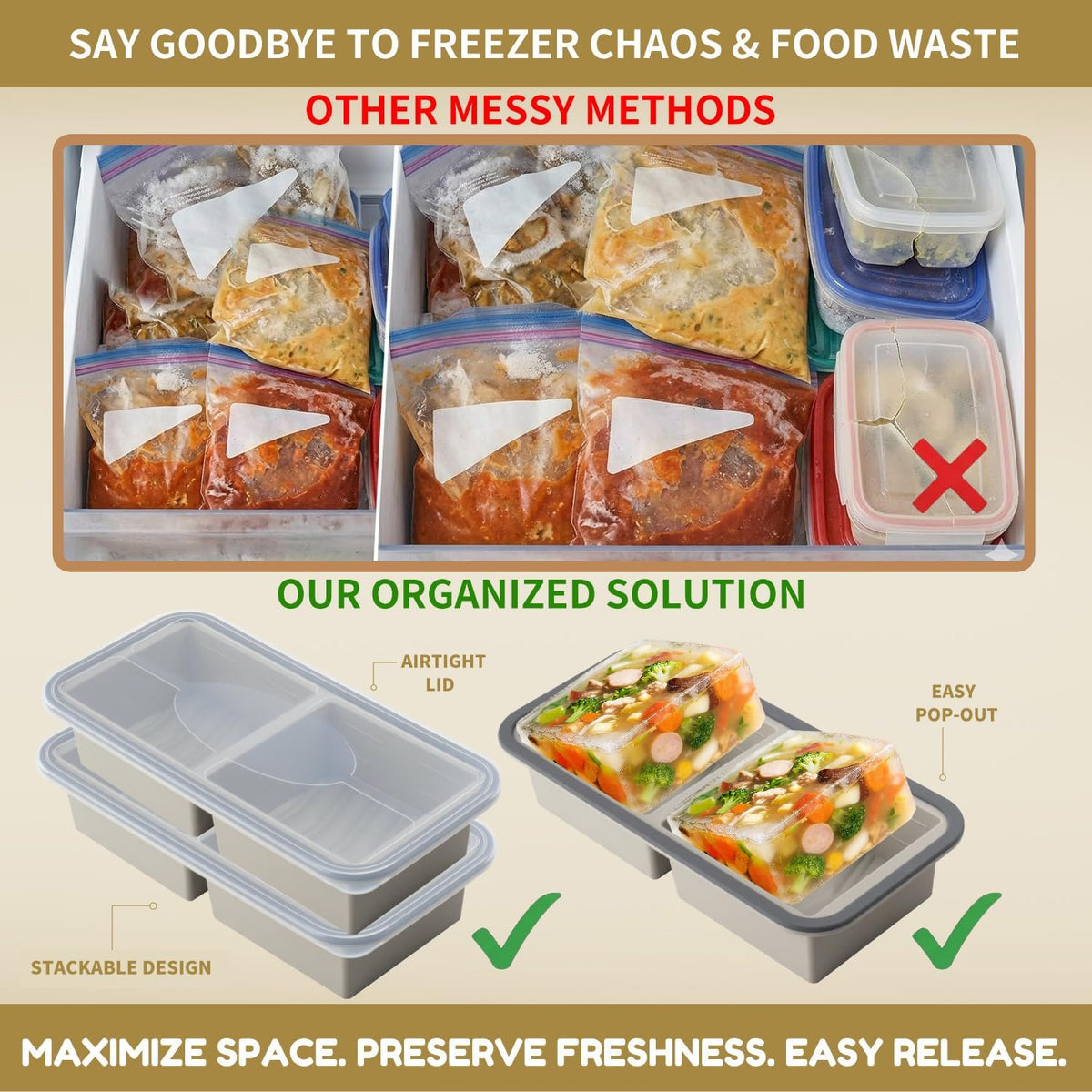 Silicone Freezer Trays with Lids 2 Pack, Stackable Soup Freezer Container Molds with Steel Reinforced Rim, Large Silicone Trays for Freezing Broth, Sauce, and Meal Prep, Oven Safe, Grey, 1 Cup