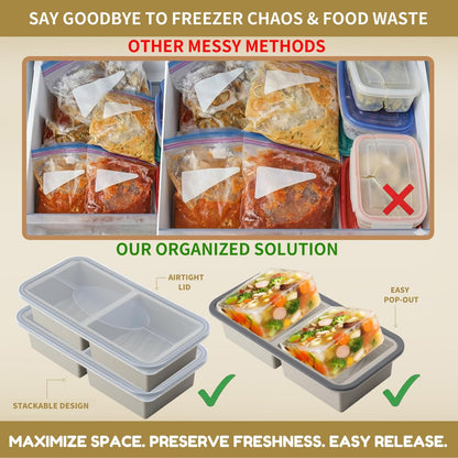 Silicone Freezer Trays with Lids 2 Pack, Stackable Soup Freezer Container Molds with Steel Reinforced Rim, Large Silicone Trays for Freezing Broth, Sauce, and Meal Prep, Oven Safe, Grey, 1 Cup