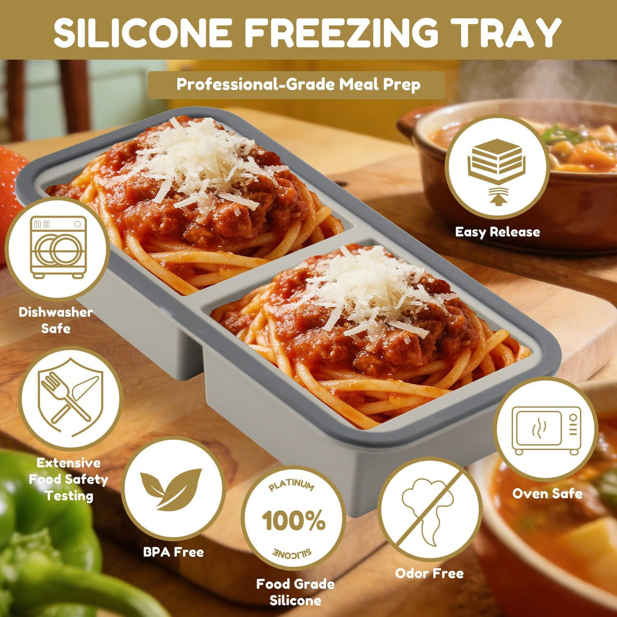 Silicone Freezer Trays with Lids 2 Pack, Stackable Soup Freezer Container Molds with Steel Reinforced Rim, Large Silicone Trays for Freezing Broth, Sauce, and Meal Prep, Oven Safe, Grey, 1 Cup