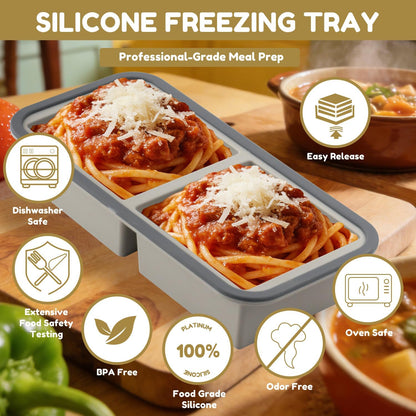 Silicone Freezer Trays with Lids 2 Pack, Stackable Soup Freezer Container Molds with Steel Reinforced Rim, Large Silicone Trays for Freezing Broth, Sauce, and Meal Prep, Oven Safe, Grey, 1 Cup
