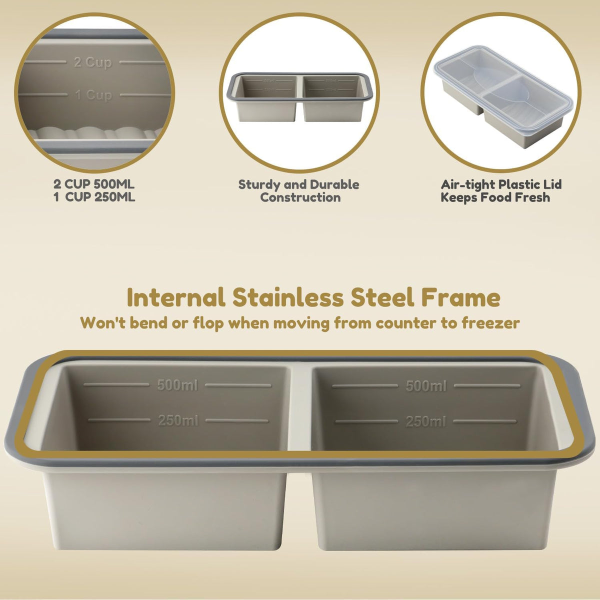 Silicone Freezer Trays with Lids 2 Pack, Stackable Soup Freezer Container Molds with Steel Reinforced Rim, Large Silicone Trays for Freezing Broth, Sauce, and Meal Prep, Oven Safe, Grey, 1 Cup