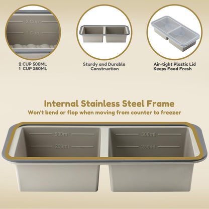 Silicone Freezer Trays with Lids 2 Pack, Stackable Soup Freezer Container Molds with Steel Reinforced Rim, Large Silicone Trays for Freezing Broth, Sauce, and Meal Prep, Oven Safe, Grey, 1 Cup