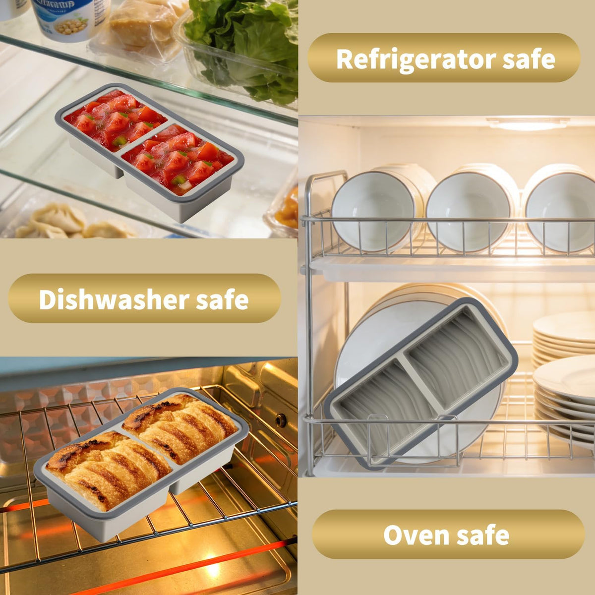 Silicone Freezer Trays with Lids 2 Pack, Stackable Soup Freezer Container Molds with Steel Reinforced Rim, Large Silicone Trays for Freezing Broth, Sauce, and Meal Prep, Oven Safe, Grey, 1 Cup