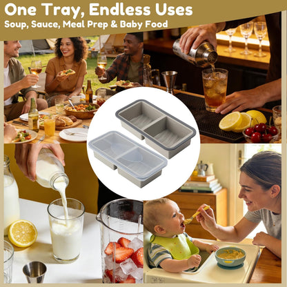 Silicone Freezer Trays with Lids 2 Pack, Stackable Soup Freezer Container Molds with Steel Reinforced Rim, Large Silicone Trays for Freezing Broth, Sauce, and Meal Prep, Oven Safe, Grey, 1 Cup