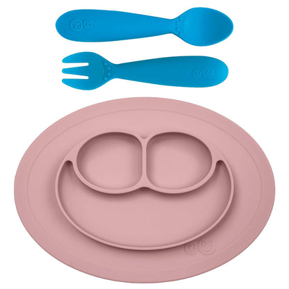 Mini Mat (Blush) + Mini Utensils (Fork & Spoon in Blue) - Toddler essentials mat and spoon