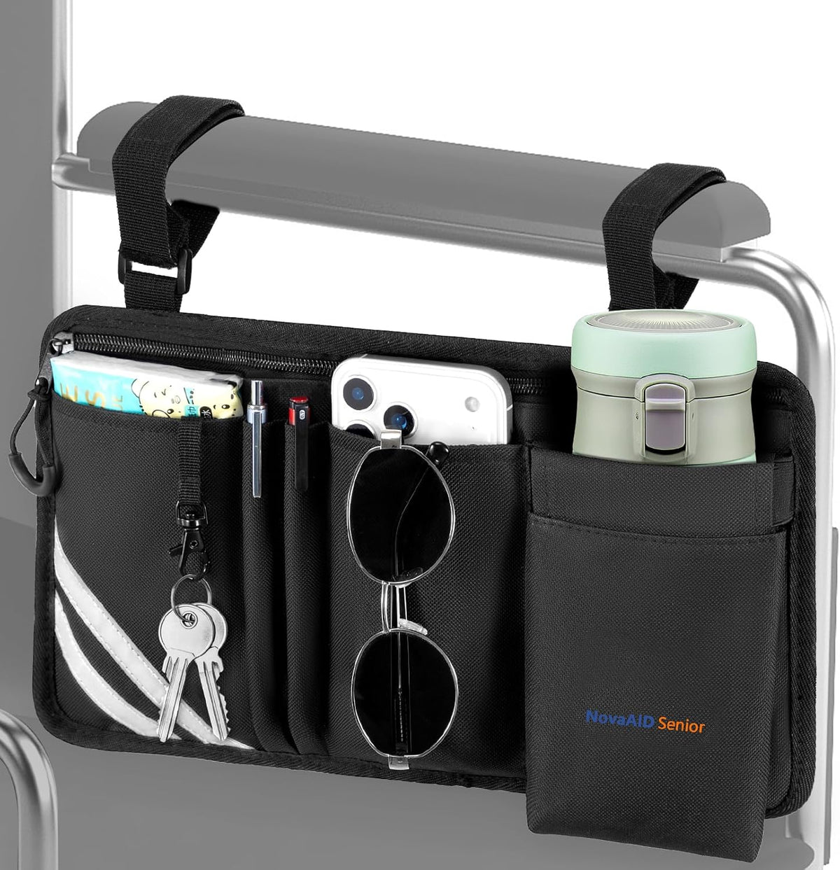 Wheelchair Side Bag with Cup Holder, Universal Armrest Organizer with Reflective Strips & Mesh Pockets, Water-Resistant Storage for Wheelchairs, Walkers, Rollators & Strollers (Black)