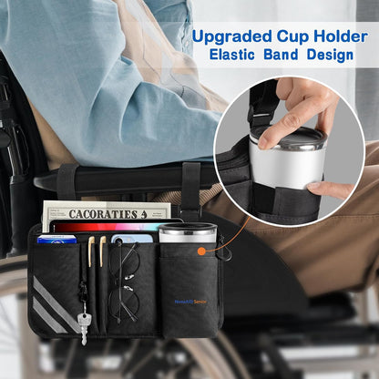 Wheelchair Side Bag with Cup Holder, Universal Armrest Organizer with Reflective Strips & Mesh Pockets, Water-Resistant Storage for Wheelchairs, Walkers, Rollators & Strollers (Black)
