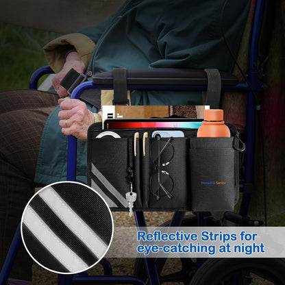 Wheelchair Side Bag with Cup Holder, Universal Armrest Organizer with Reflective Strips & Mesh Pockets, Water-Resistant Storage for Wheelchairs, Walkers, Rollators & Strollers (Black)