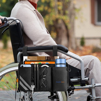 Wheelchair Side Bag with Cup Holder, Universal Armrest Organizer with Reflective Strips & Mesh Pockets, Water-Resistant Storage for Wheelchairs, Walkers, Rollators & Strollers (Black)