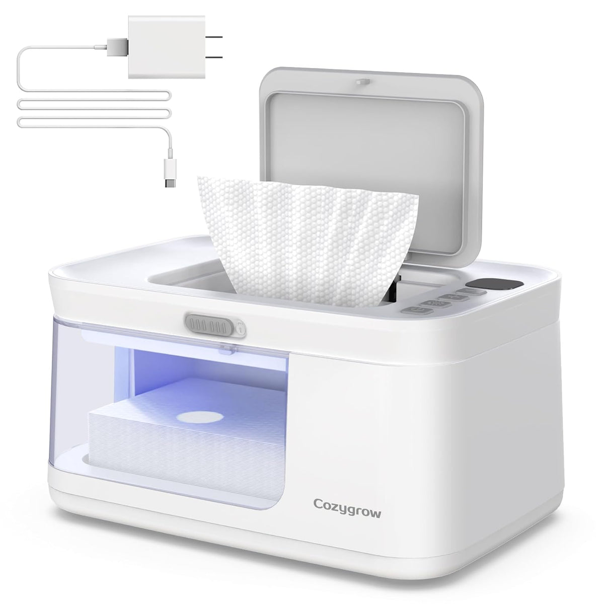 Baby Wipe Warmer with LED Light & Transparent Viewing Window, Adjustable 95℉-131℉, 1.5 Meter Plug Cord