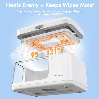 Baby Wipe Warmer with LED Light & Transparent Viewing Window, Adjustable 95℉-131℉, 1.5 Meter Plug Cord