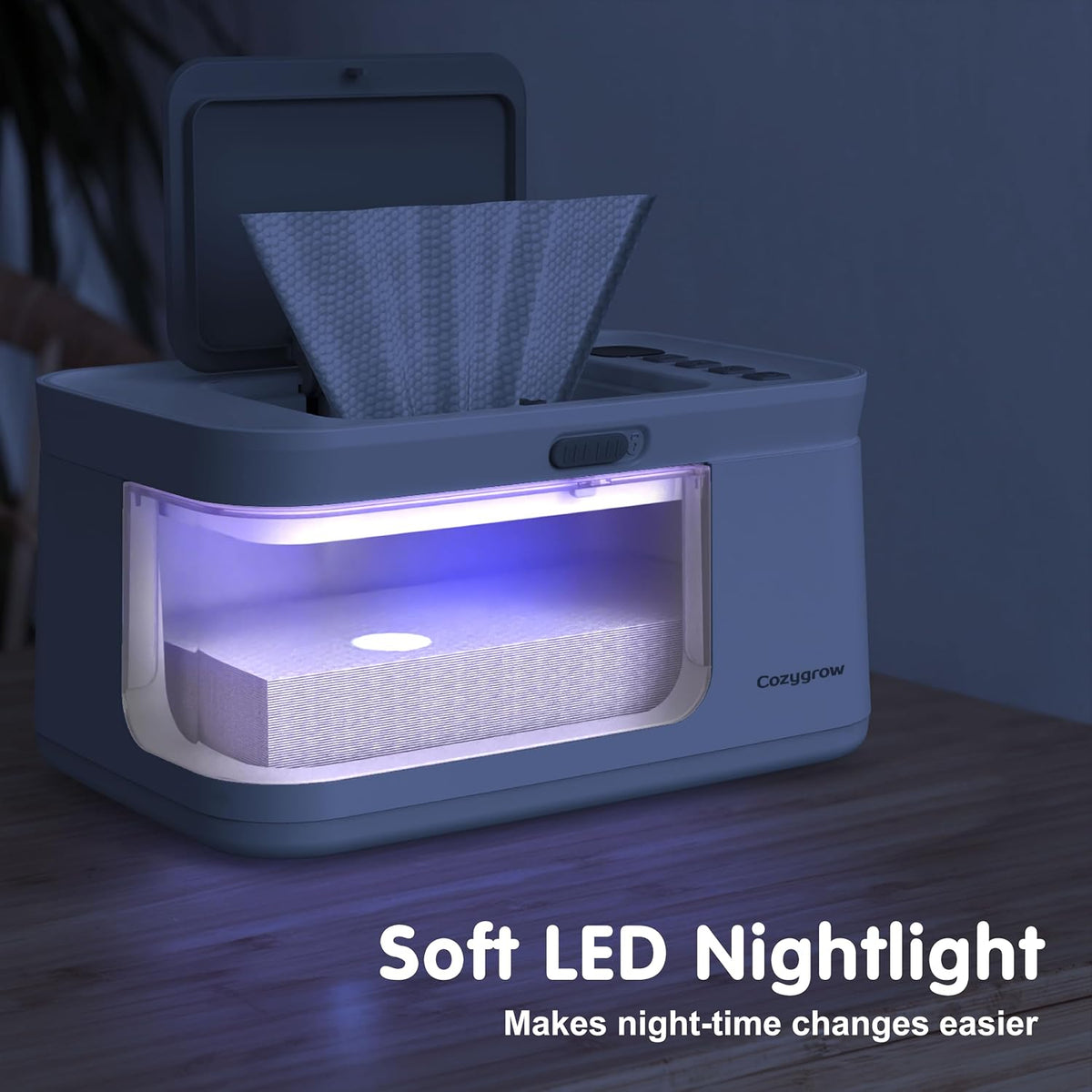 Baby Wipe Warmer with LED Light & Transparent Viewing Window, Adjustable 95℉-131℉, 1.5 Meter Plug Cord