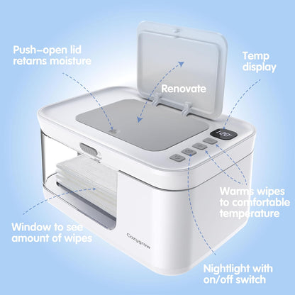 Baby Wipe Warmer with LED Light & Transparent Viewing Window, Adjustable 95℉-131℉, 1.5 Meter Plug Cord