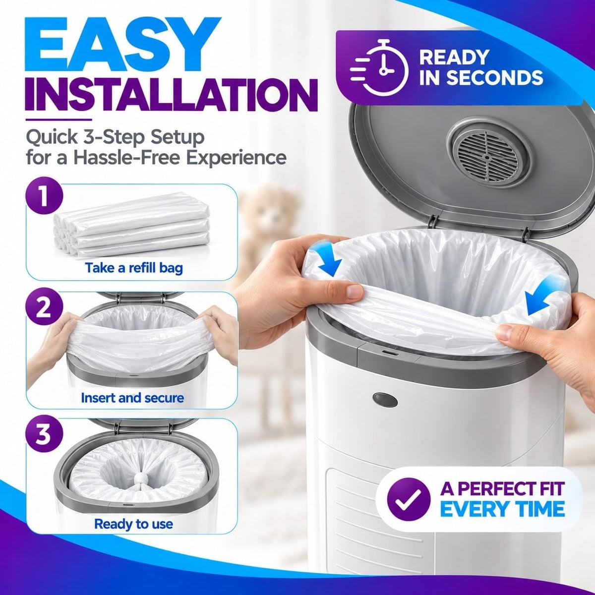 Diaper Pail Refills Compatible with Dekor PLUS, 9 Pack