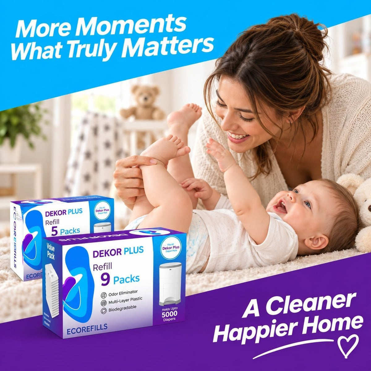 Diaper Pail Refills Compatible with Dekor PLUS, 9 Pack