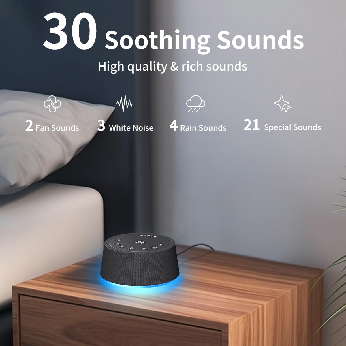 Sleep White Noise Sound Machines 32-Level Volume 30 Sounds 12 Colors Light 5 Timers Adjustable Light Brightness Compact for Everyone Travel Gift Memory Function