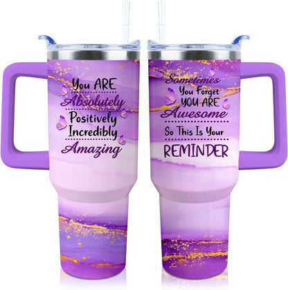40 oz Tumbler with Handle and Straw Lid Leak Proof | You're Awesome Inspirational Christmas Mothers Day Birthday Gifts for Women Mom Coworker Friends