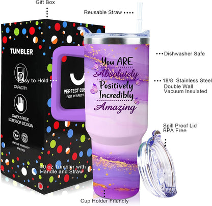 40 oz Tumbler with Handle and Straw Lid Leak Proof | You're Awesome Inspirational Christmas Mothers Day Birthday Gifts for Women Mom Coworker Friends