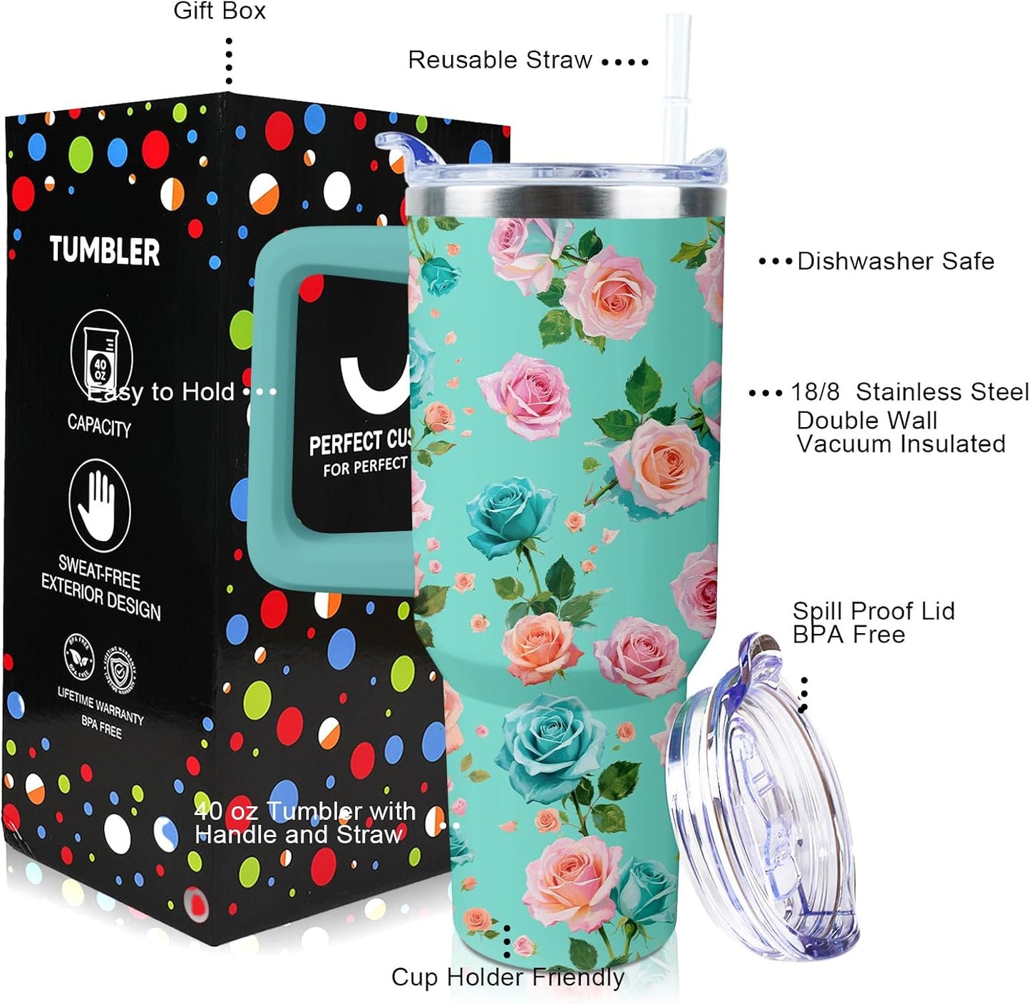 40 oz Tumbler with Handle and Straw Lid Leak Proof | You're Awesome Inspirational Christmas Mothers Day Birthday Gifts for Women Mom Coworker Friends