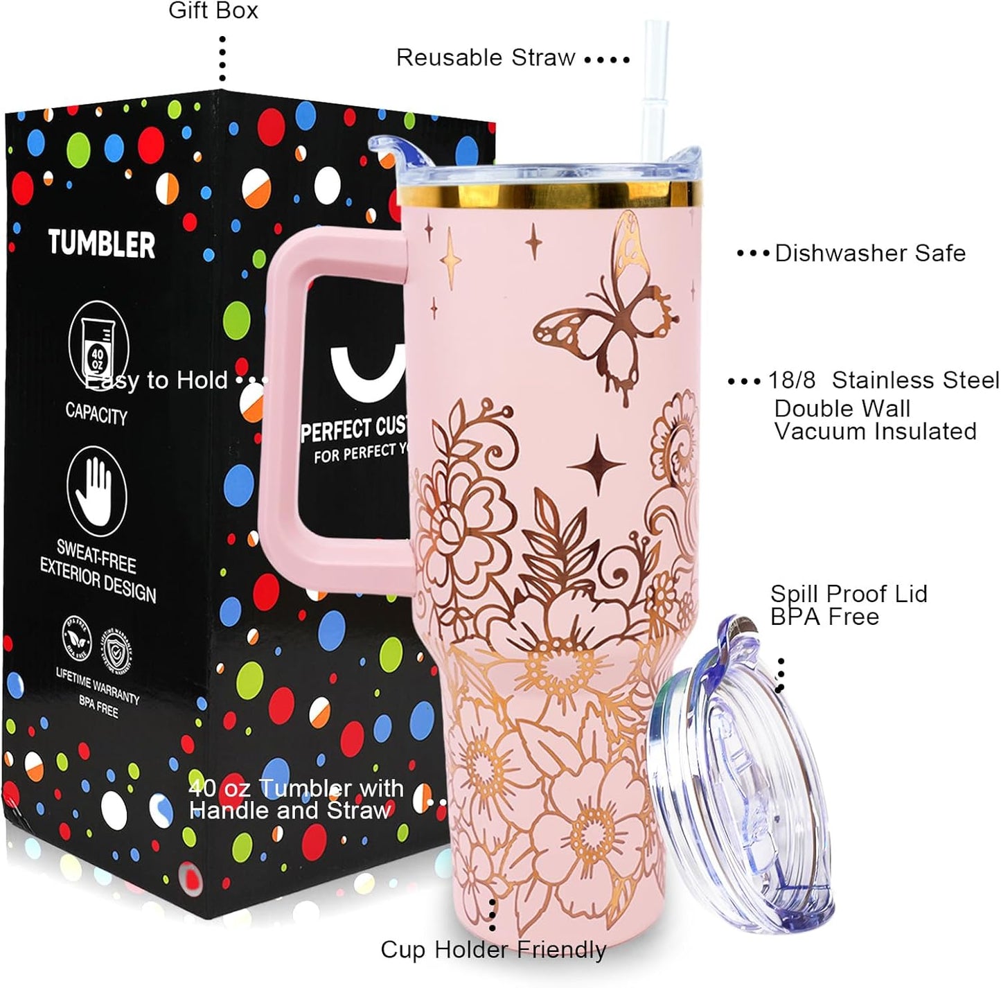 40 oz Tumbler with Handle and Straw Lid Leak Proof | You're Awesome Inspirational Christmas Mothers Day Birthday Gifts for Women Mom Coworker Friends