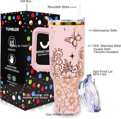 40 oz Tumbler with Handle and Straw Lid Leak Proof | You're Awesome Inspirational Christmas Mothers Day Birthday Gifts for Women Mom Coworker Friends