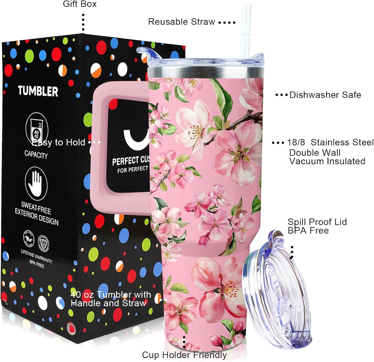 40 oz Tumbler with Handle and Straw Lid Leak Proof | You're Awesome Inspirational Christmas Mothers Day Birthday Gifts for Women Mom Coworker Friends