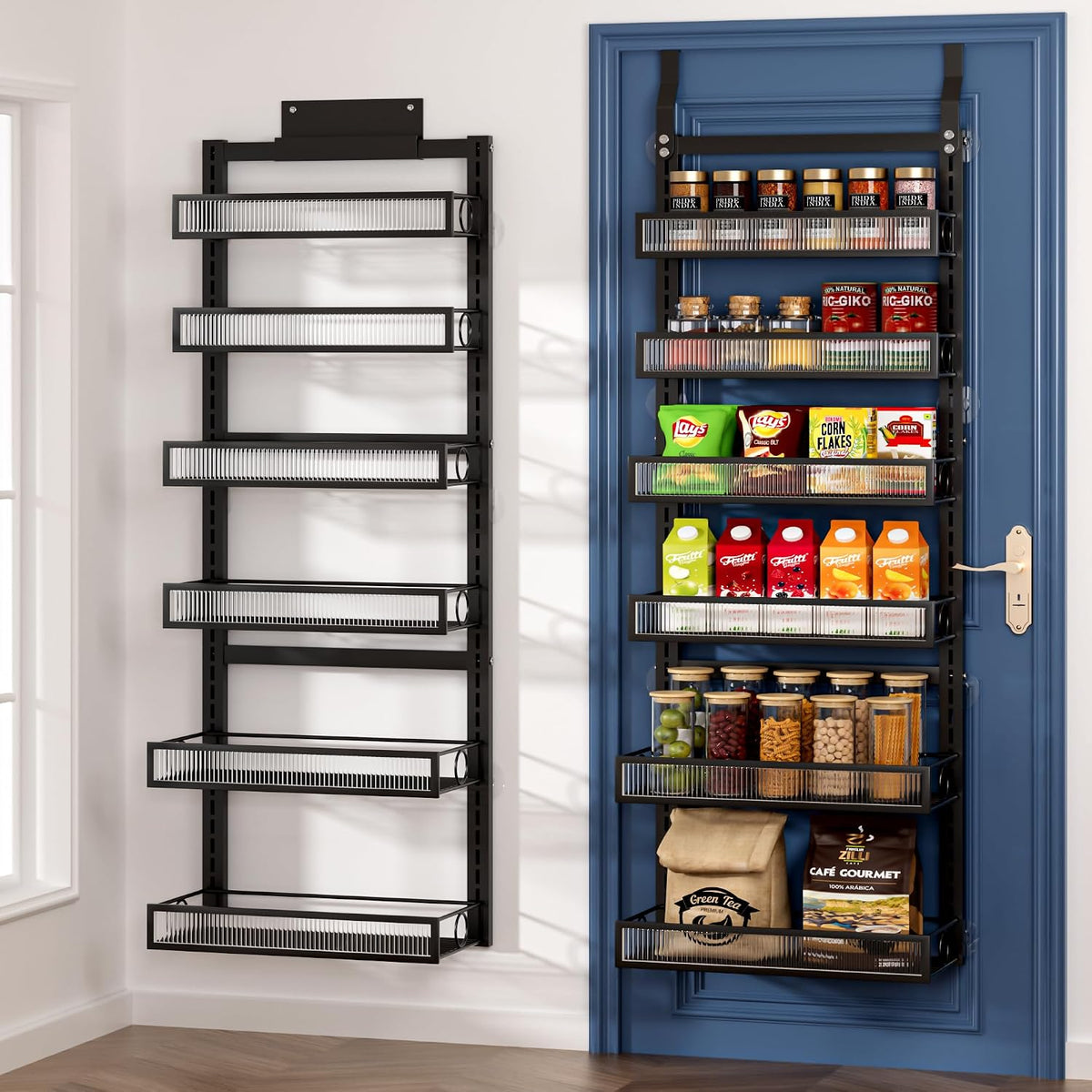 Over the Door Pantry Organizer 8 Tiers Hanging Door or Wall Mounted Spice Rack with Adjustable Acrylic Basket,Heavy Duty Metal Seasoning Storage Shelf for Kitchen Pantry and Bathroom