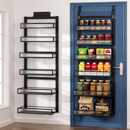 Over the Door Pantry Organizer 8 Tiers Hanging Door or Wall Mounted Spice Rack with Adjustable Acrylic Basket,Heavy Duty Metal Seasoning Storage Shelf for Kitchen Pantry and Bathroom